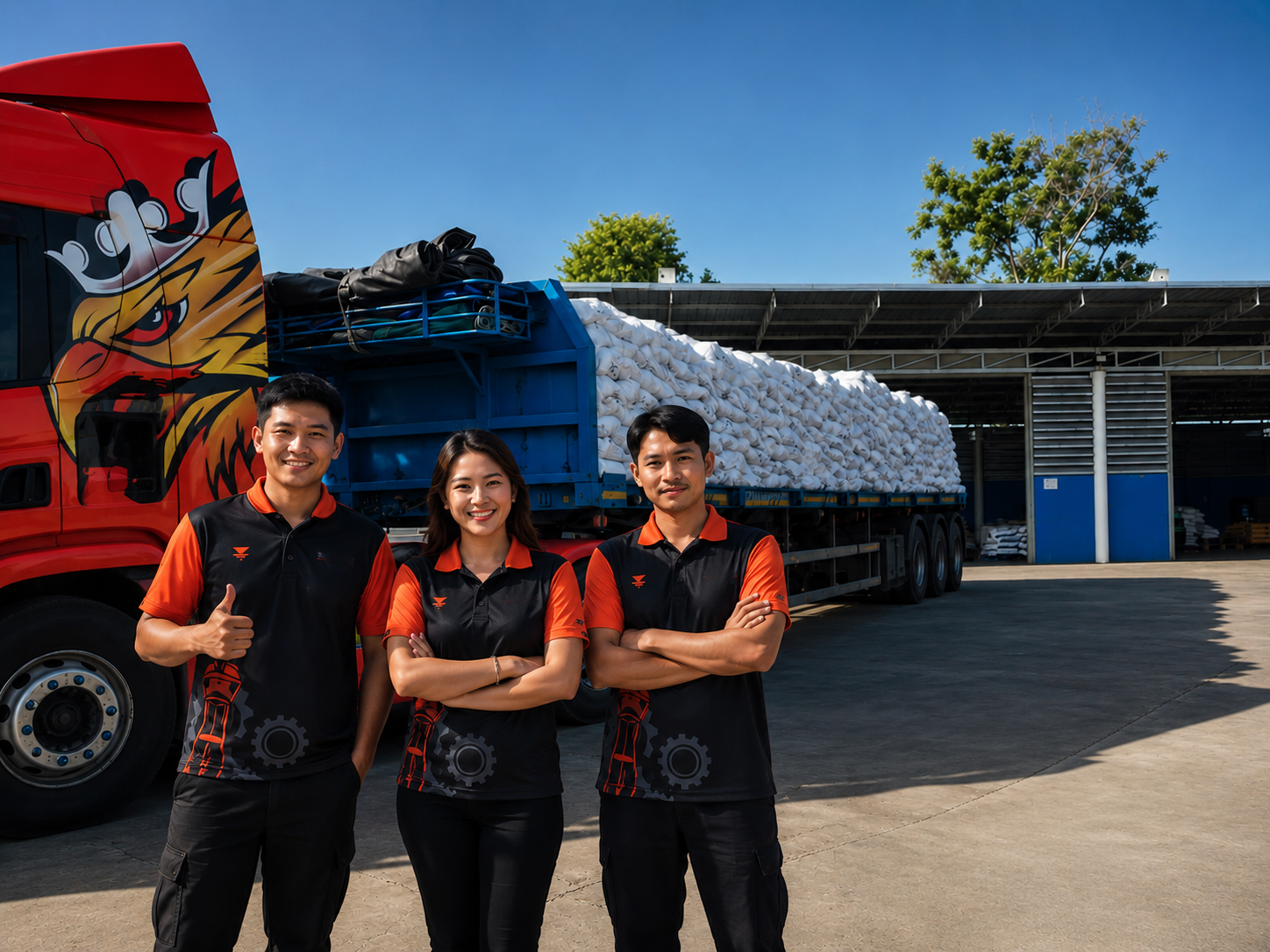 Three smiling workers in black and orange uniforms standing in front of a truck loaded with white sacks at a warehouse or distribution center.