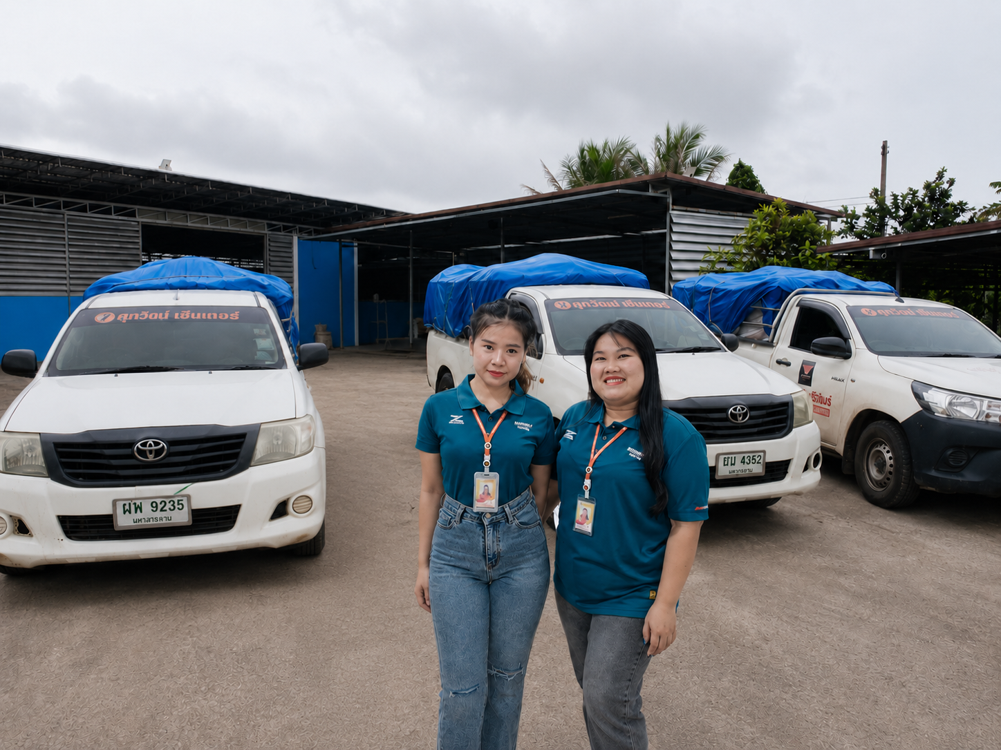 Two women in blue shirts standing in front of Toyota trucks with blue tarps in a parking lot with a cloudy sky.