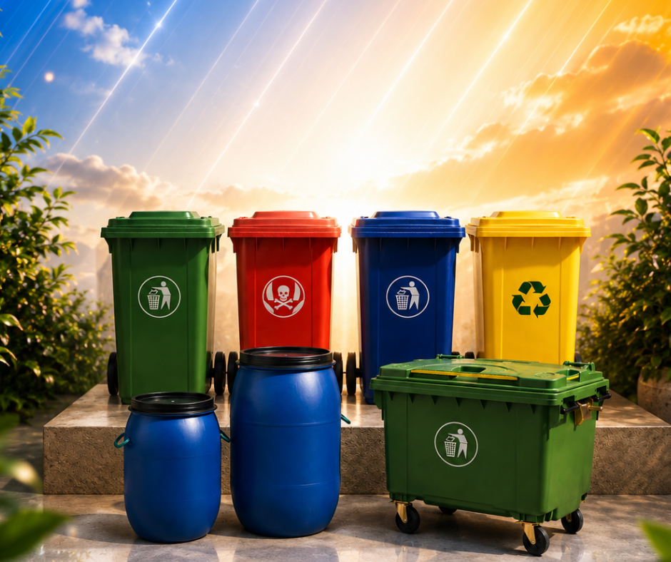 Color-coded waste bins for recycling, compost, hazardous waste, and general trash on a tiled surface outdoors with a sky background.
