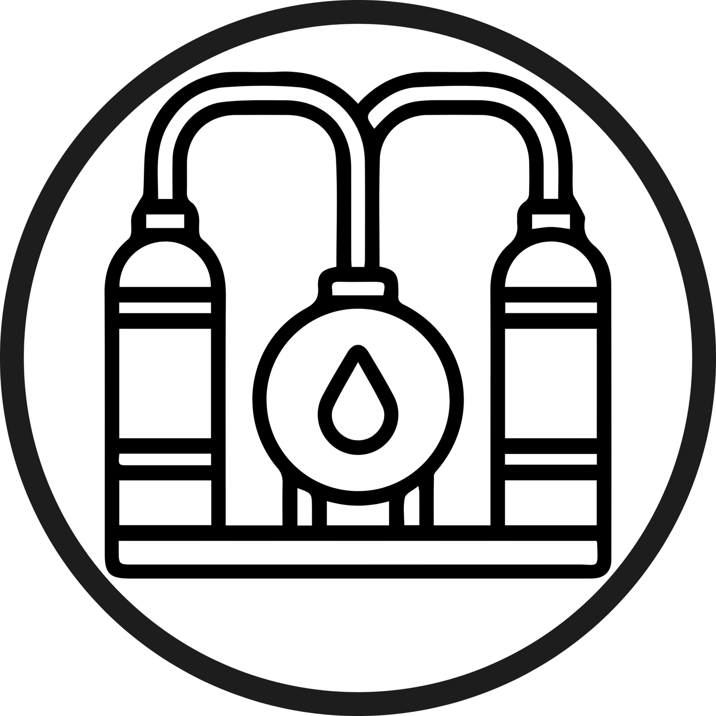 Outline of a pair of headphones on a black circular background.