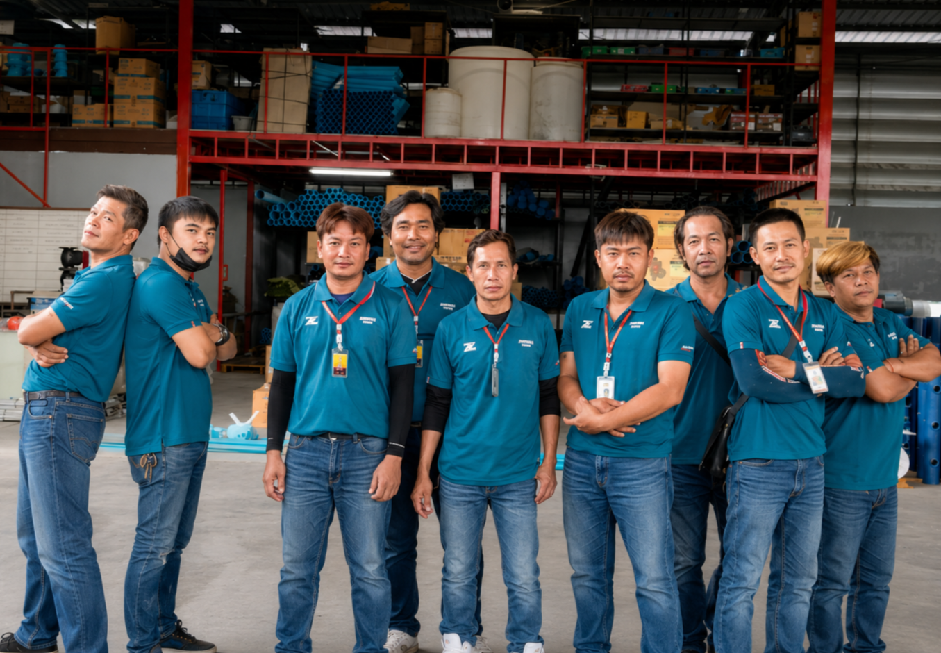 Group of nine men in matching blue shirts and jeans standing inside a warehouse or factory, with shelves and boxes in the background.