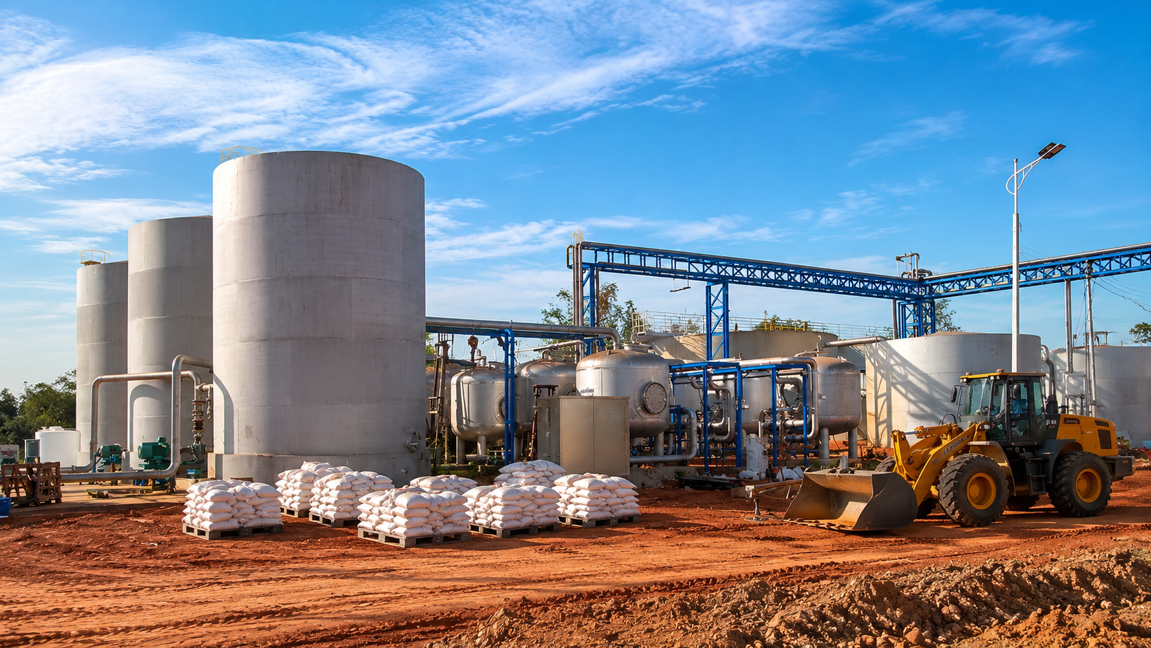 Industrial site with large white storage tanks, pipes, machinery, and a yellow front-end loader on red dirt ground under blue sky.