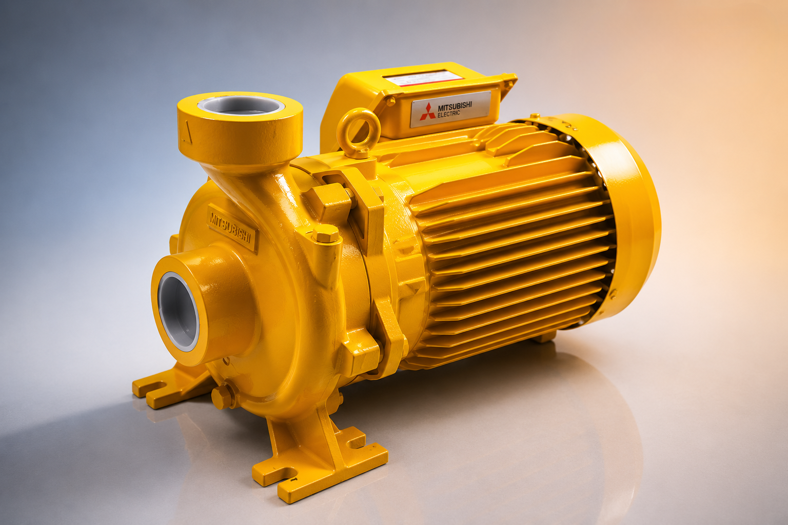 Yellow industrial water pump with labeled Mitsubishi Electric logo