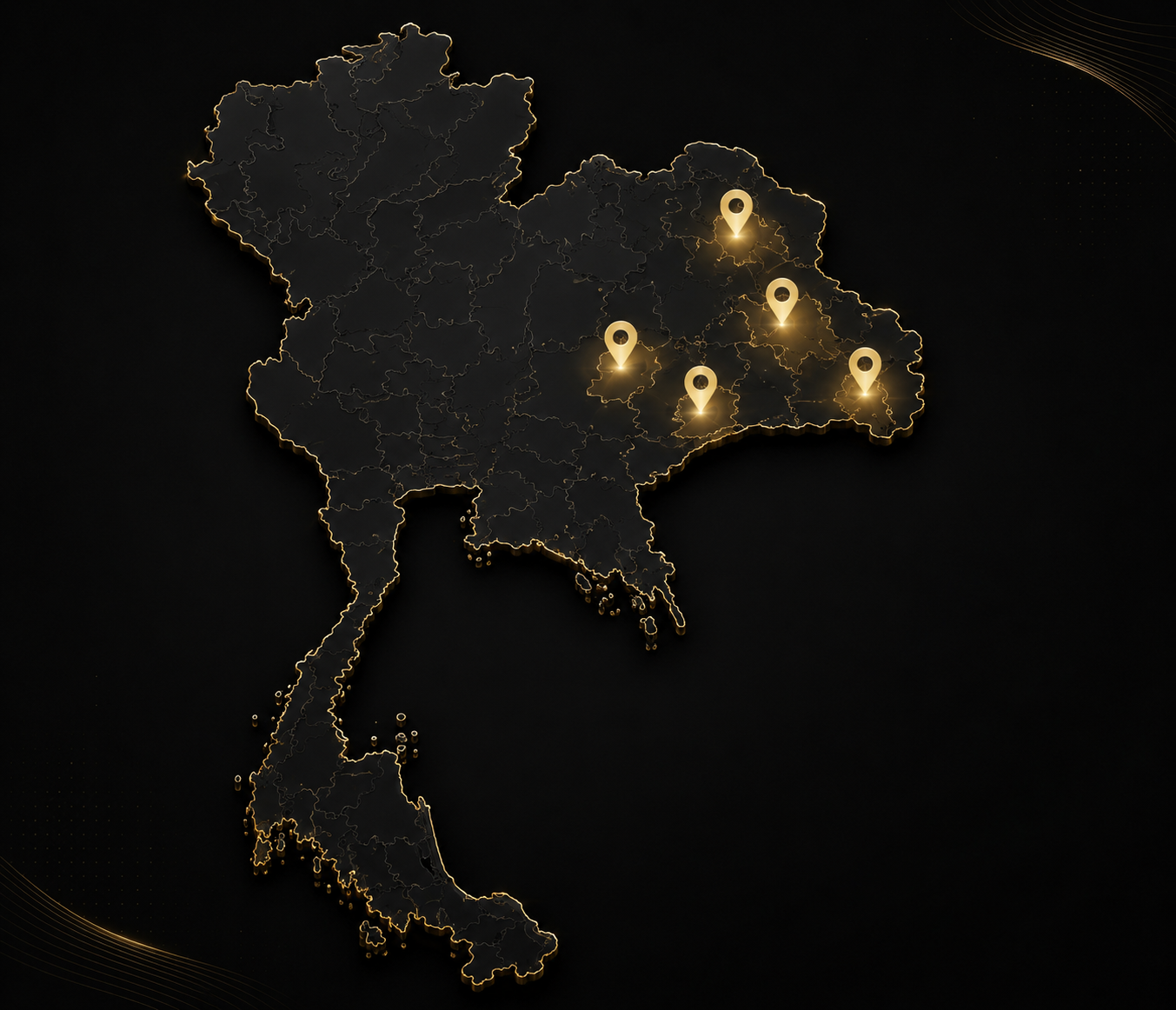 A black and gold map of Thailand with five location markers illuminated on the eastern part of the country.