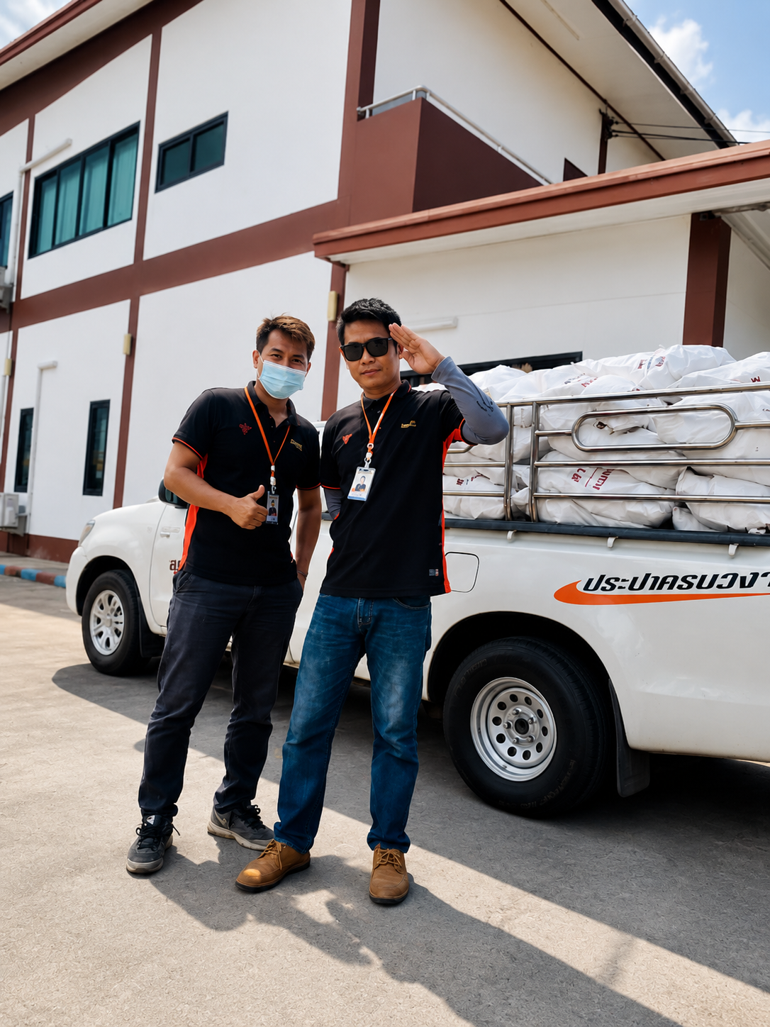 Two men standing in front of a white pickup truck loaded with white bags, one giving a thumbs up and the other saluting, outside a building with a white and brown exterior, under a cloudy sky.