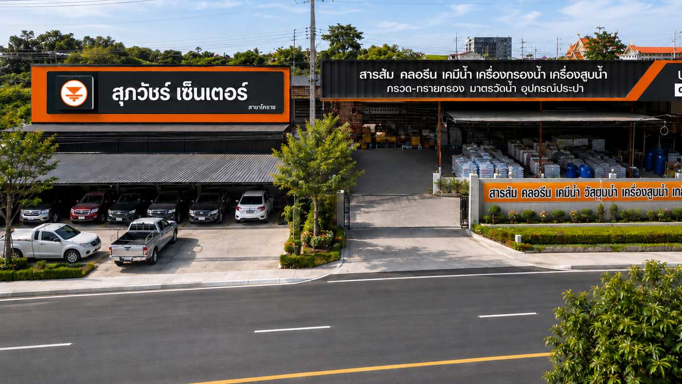 A car dealership with parked vehicles in front of a building with black and orange signage in Thai. The lot includes several cars, trees, and landscaped greenery.
