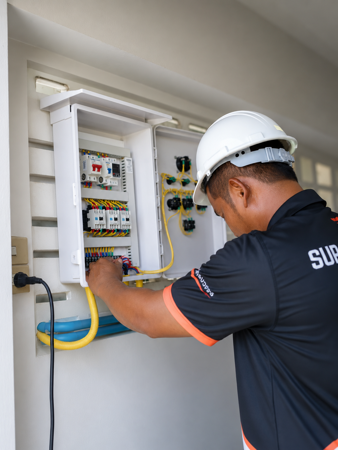 Electrician working on an electrical panel with wires and circuit breakers, wearing a safety helmet and black shirt.