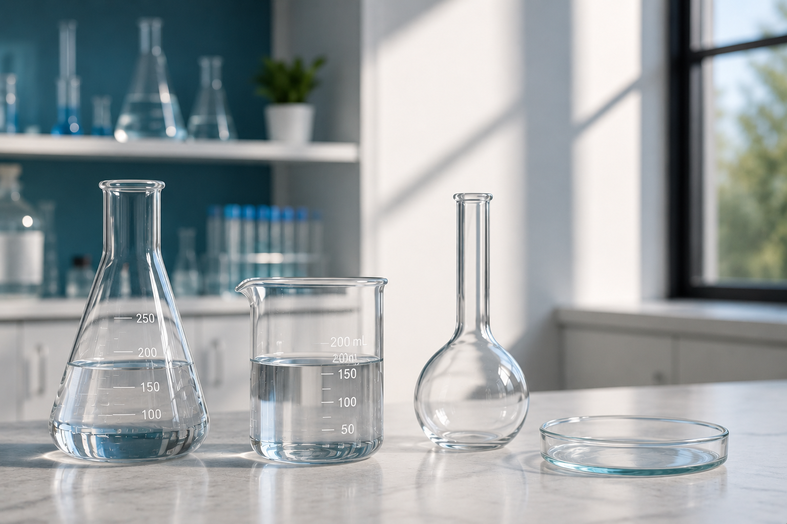 Lab glassware including a beaker, a flask, a test tube, and a petri dish on a laboratory bench in a science lab with shelves and windows in the background.