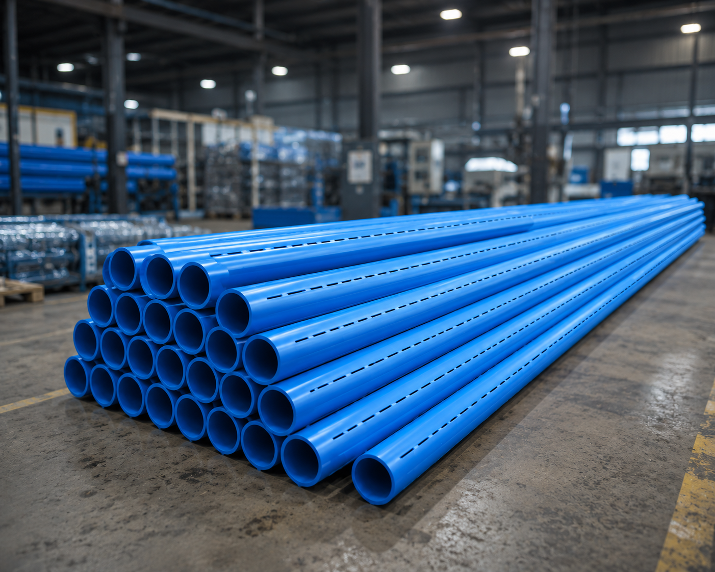 A stack of blue pipes laid on the floor inside an industrial warehouse with shelves and equipment in the background.