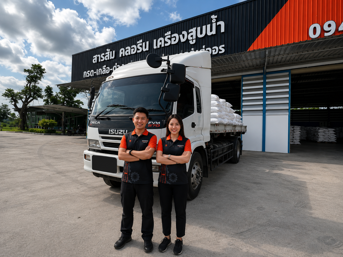 Two smiling employees stand with arms crossed in front of a white Isuzu truck loaded with white bags, parked outside a building with Thai writing on the sign, under a partly cloudy sky.