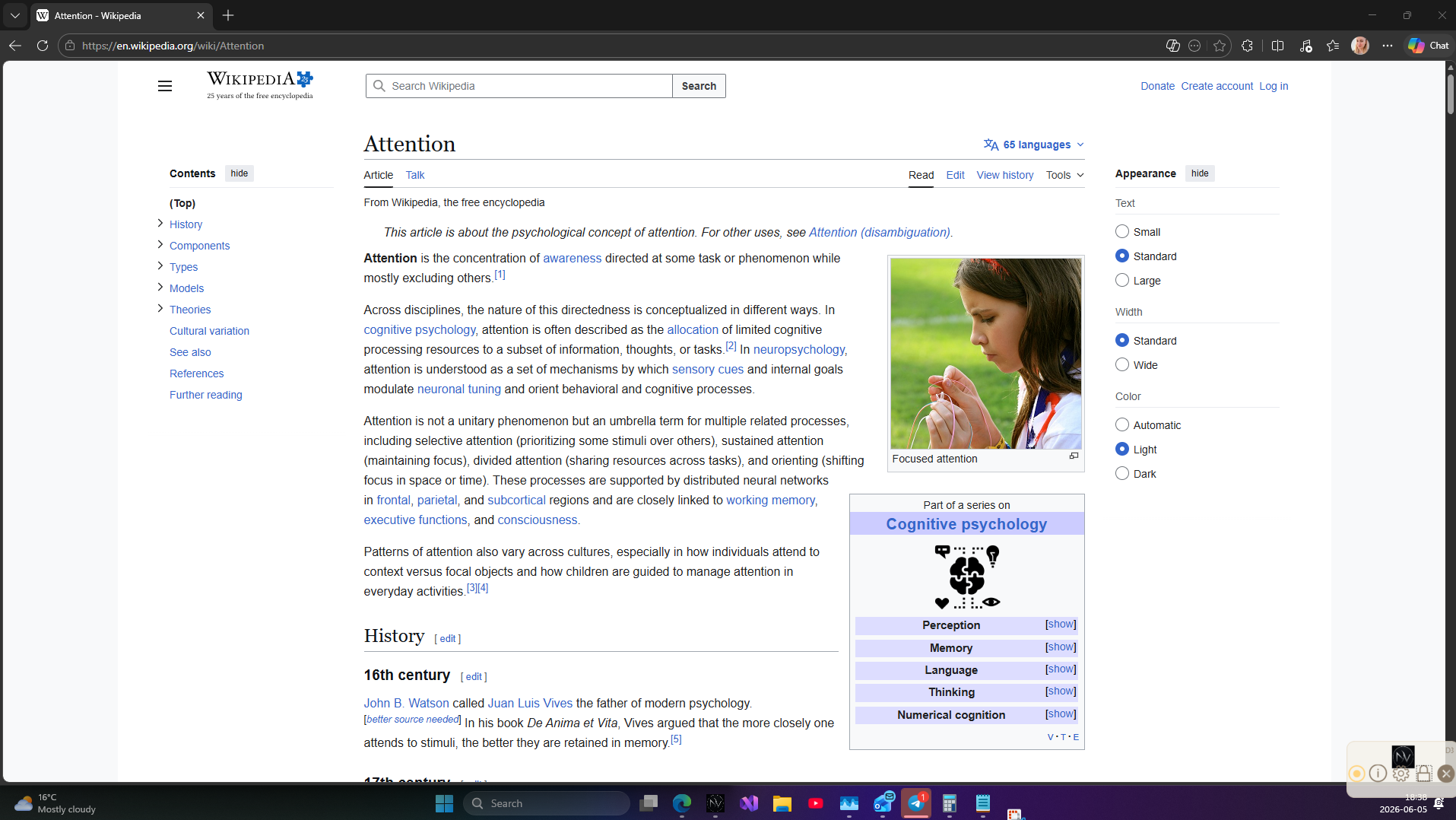 Wikipedia article about attention displayed in a standard web browser with navigation panels, menus, and interface elements visible.