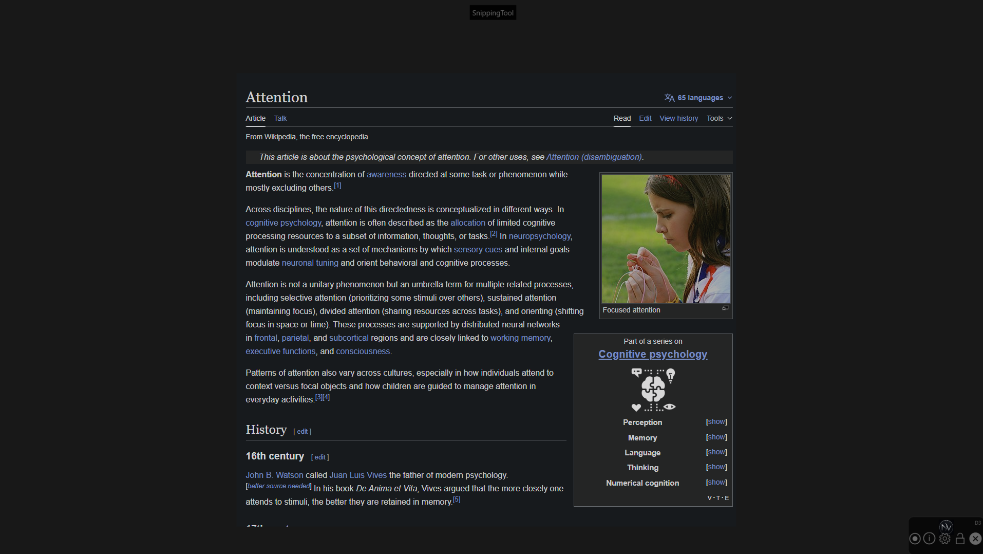 NordicVeil reducing visual distractions around a Wikipedia article about attention, creating a calmer and more focused reading environment.