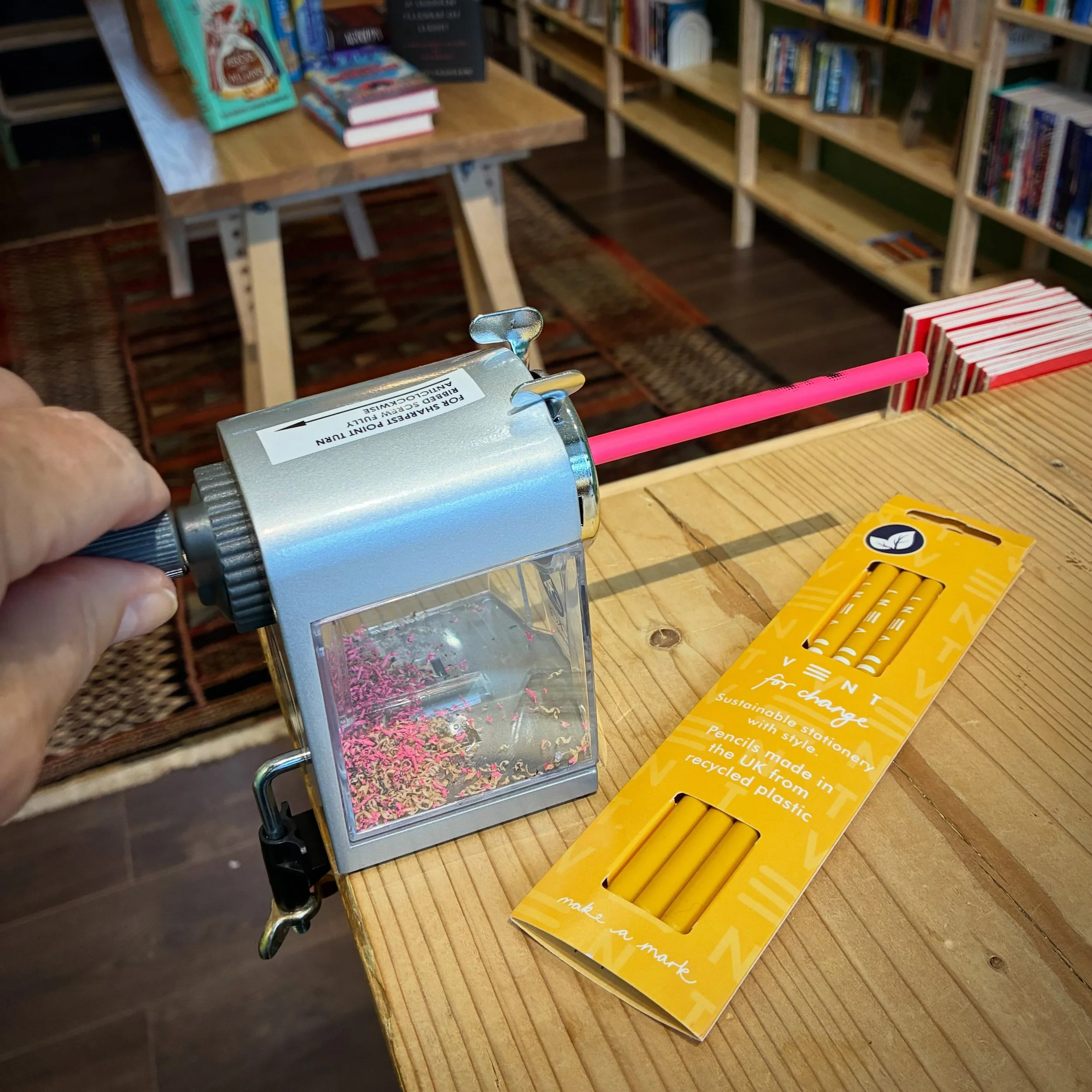 For all your pencil and pencil sharoening needs we are here for you! 
Slight exaggeration as we have a very small range of pencils currently but are looking to get more in. BUT you can bring any old pencil in to be sharpened by our pencil-o-matic hig