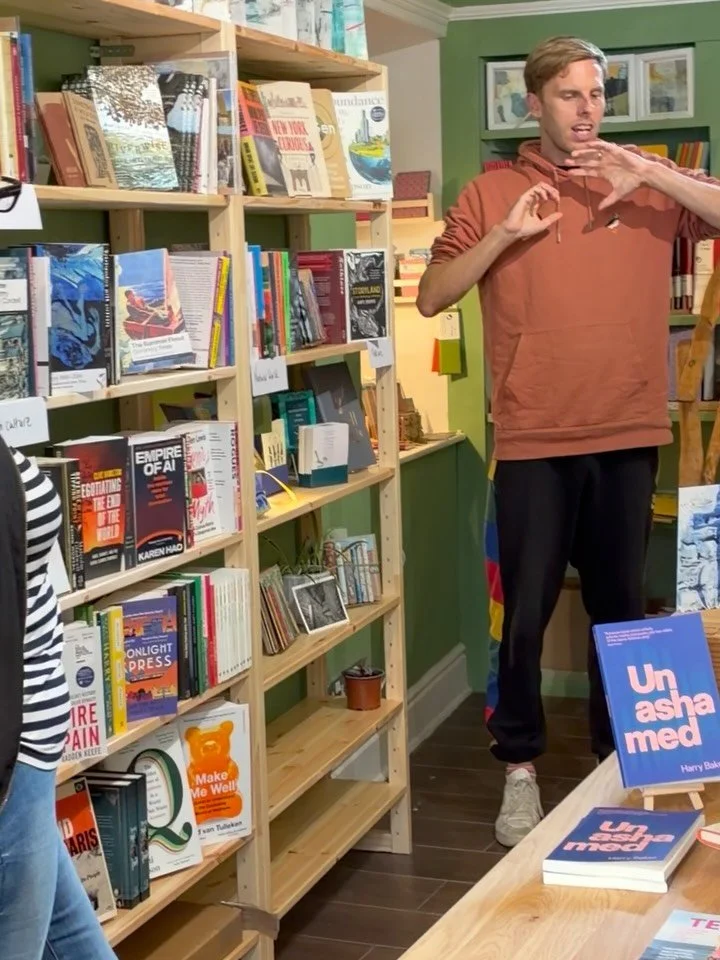 A precious moment for us as newby bookshopkeepers- @harrybakerpoet giving an exclusive little preview to his show @smallworldbydbach yesterday. 

We sold out of Unashamed and Wonderful (we can order copies for you no problem) but still have a few cop