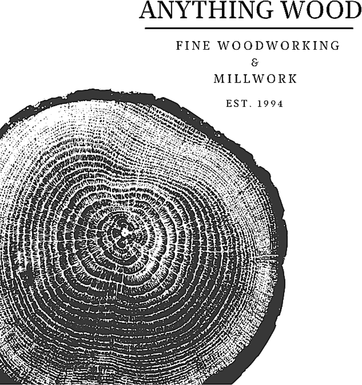 Close-up of a wood grain cross-section showing growth rings, with text reading "Anything Wood, Fine Woodworking & Surf-Works, Est. 1994."