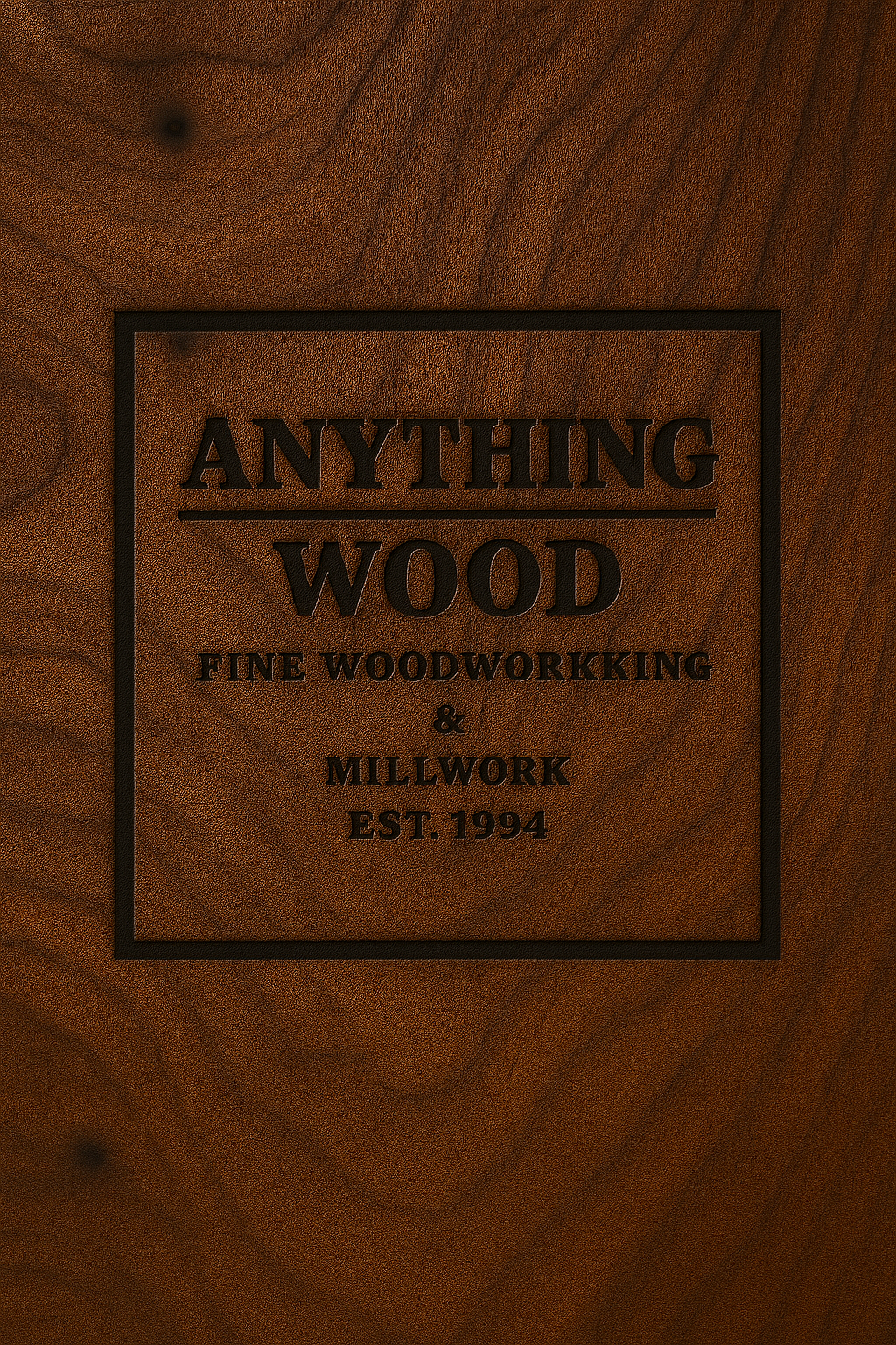 Close-up of a wooden surface with an engraved label that reads "ANYTHING WOOD, FINE WOODWORKING & MILLWORK, EST. 1994."