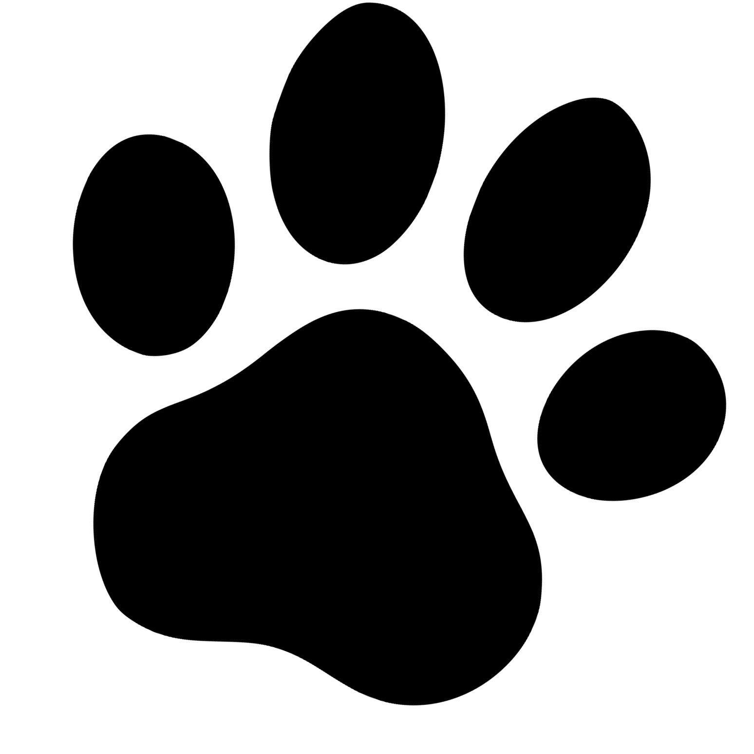 Black and white illustration of a paw print with five oval-shaped toe pads and a large central pad.