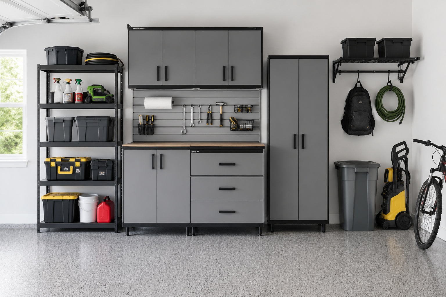 Organized garage with gray cabinets, black shelving, and storage bins, containing gardening tools, cleaning supplies, a bicycle, and outdoor equipment. Garage cleanout