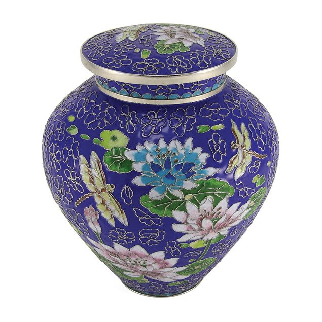 C154L Filigree Cloisonne Lily Dragonfly Urn