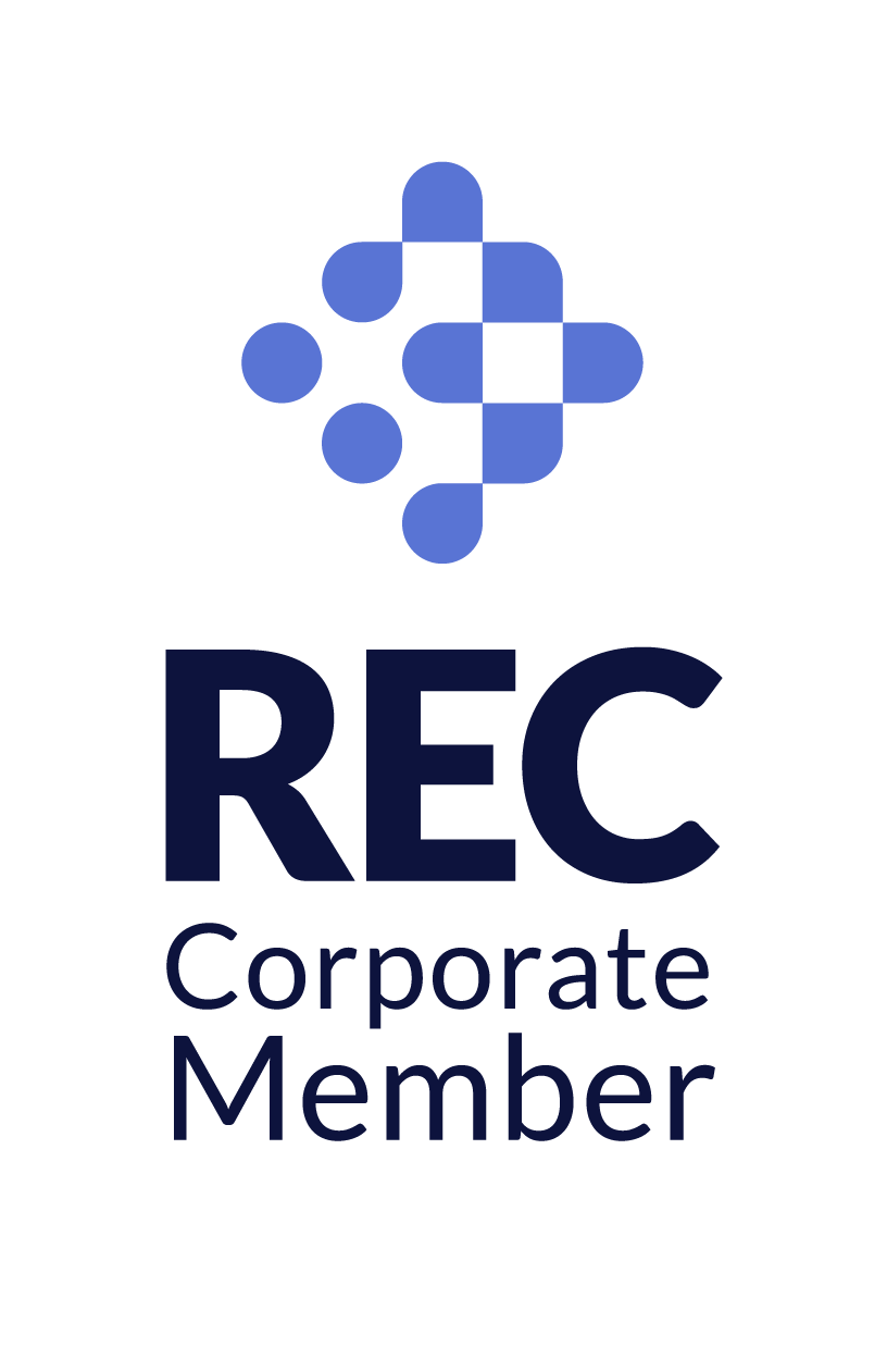 A logo featuring a stylized blue dot matrix icon above the text 'REC Corporate Member' in dark blue font.