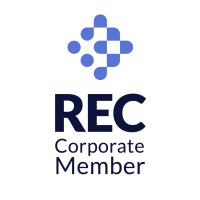 REC Corporate Member logo with a blue checkered diamond symbol above the text