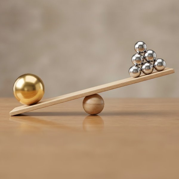 A wooden seesaw balancing six silver balls and one large gold ball on a wooden surface.