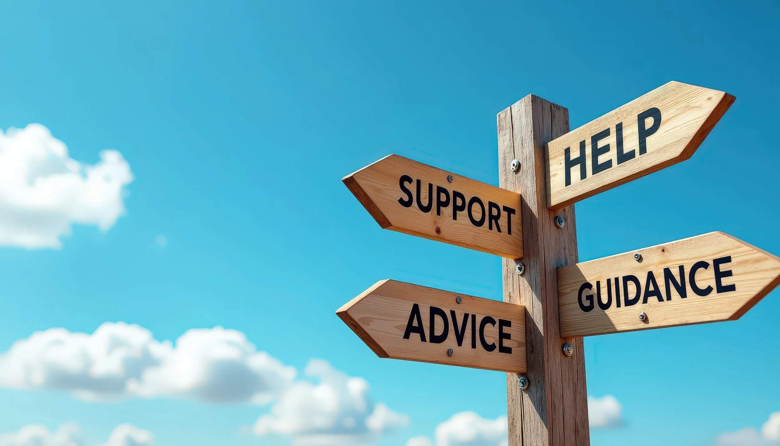 Wooden directional signpost with arrows labeled 'Support', 'Help', 'Guidance', and 'Advice' against a blue sky with clouds.