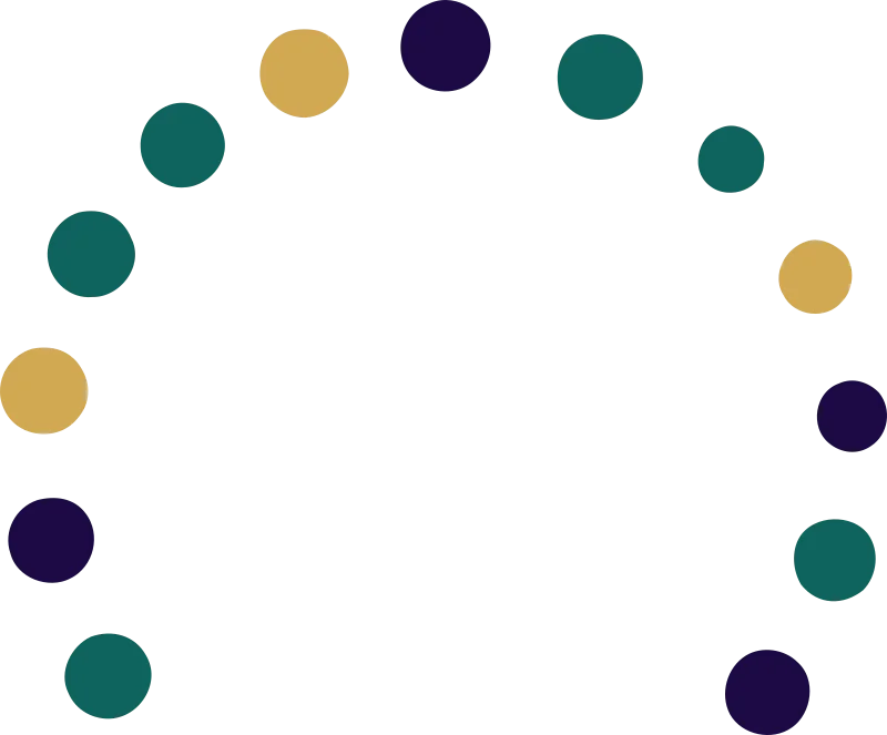 Colorful dotted semicircular pattern with blue, teal, and gold dots on a white background.