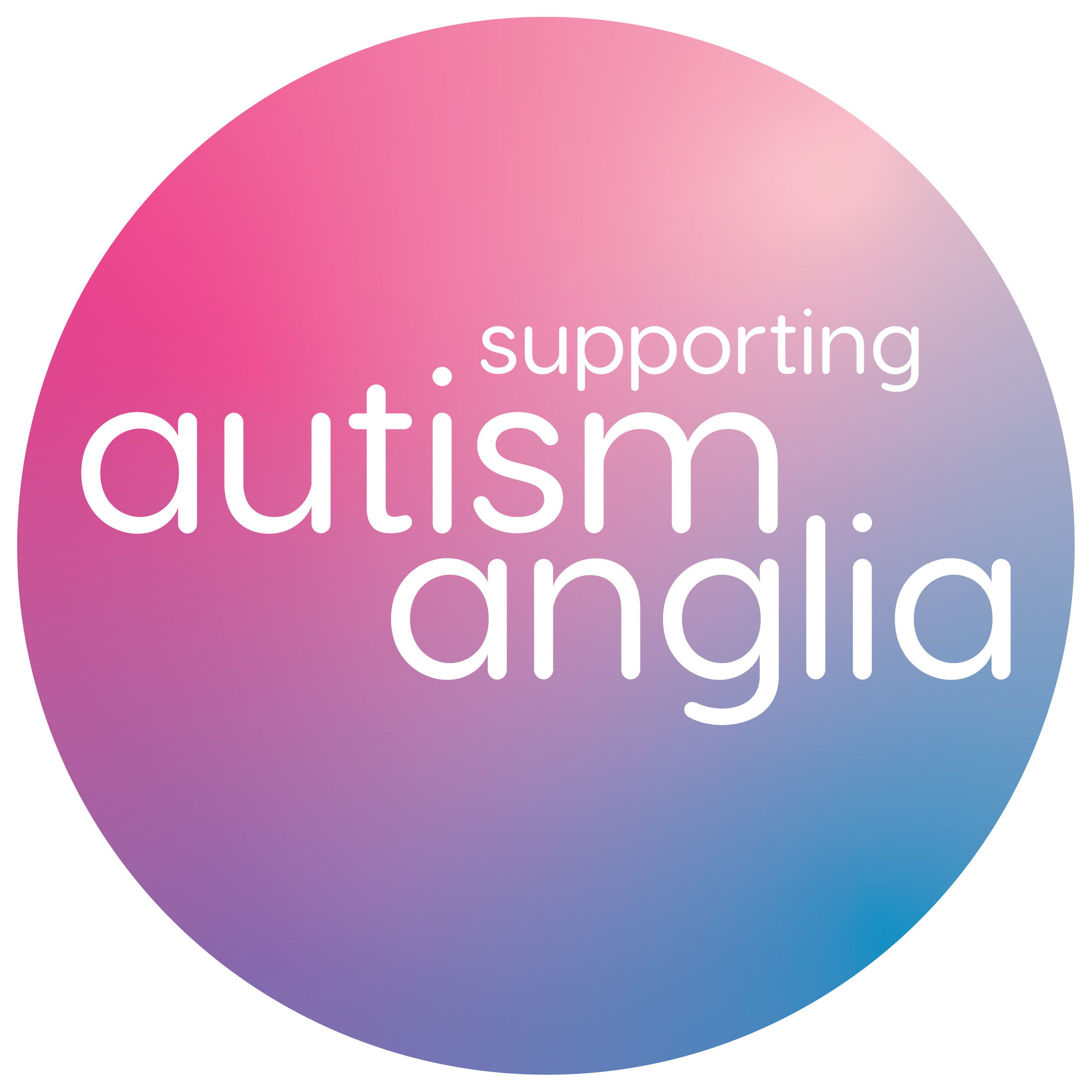 Colorful circular graphic with the word 'supporting' in the center and part of the phrase 'autism' visible, featuring a gradient background from pink to purple to blue.
