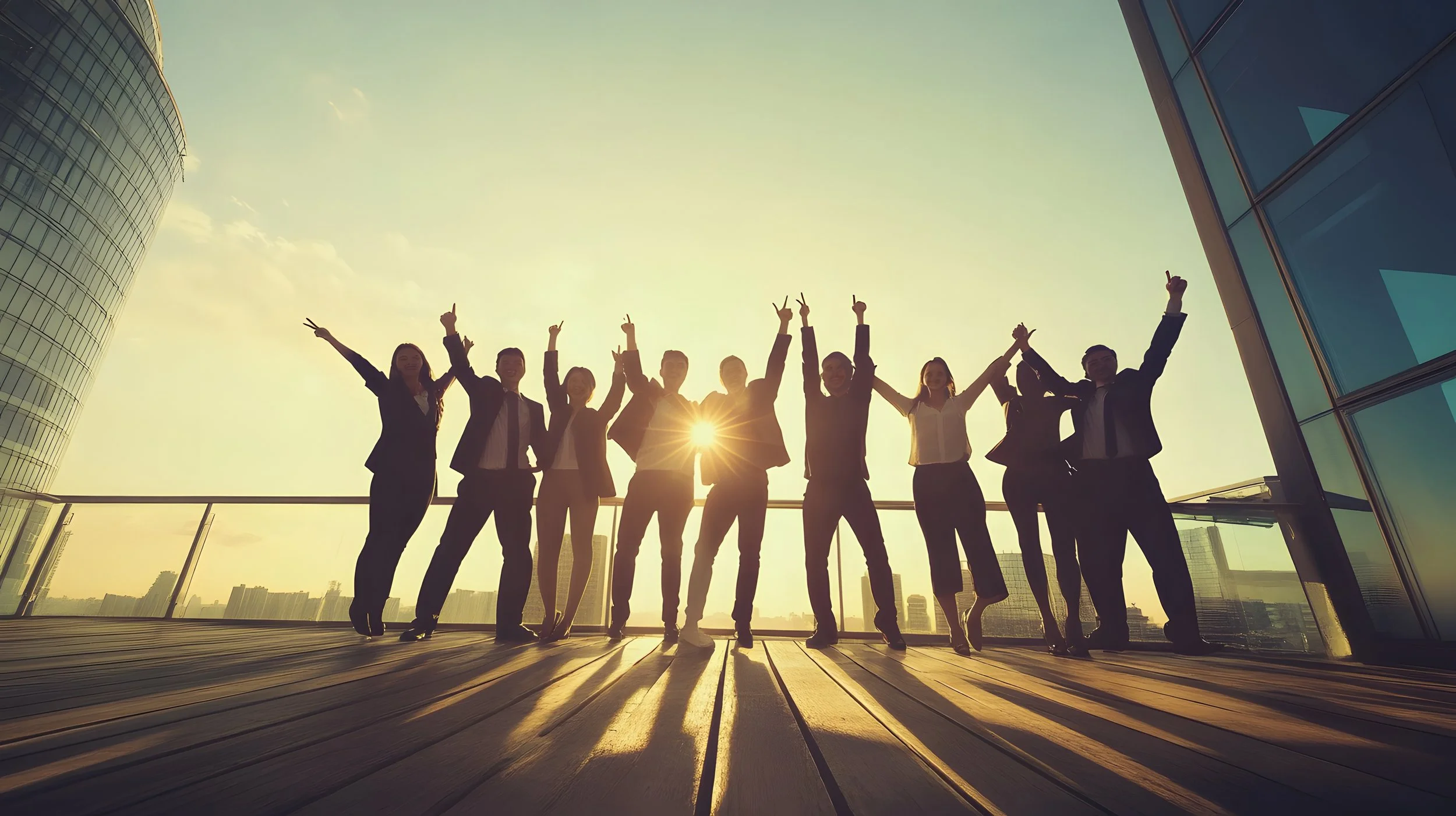 Group of business people celebrating with raised hands on a rooftop balcony during sunset.