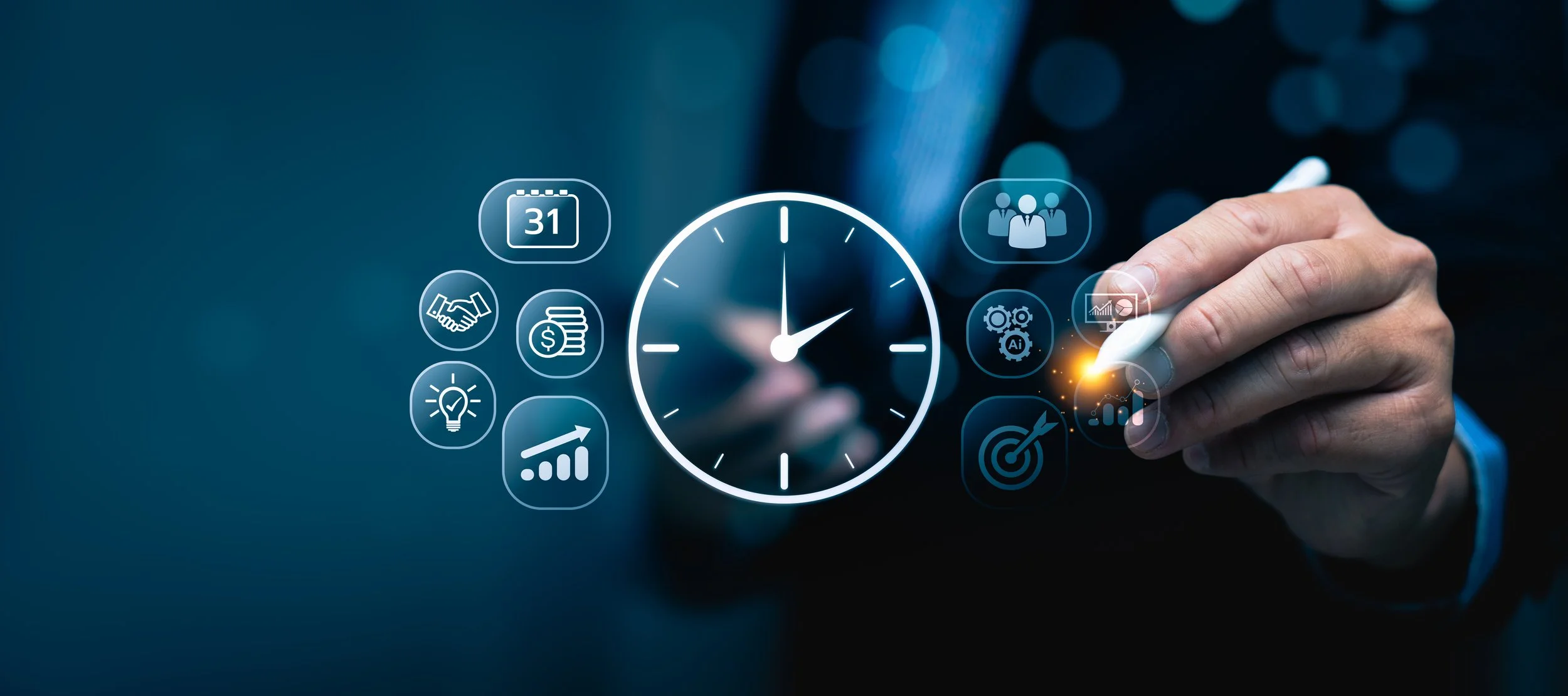A person writes with a white marker over a digital holographic interface featuring a clock in the center and various icons representing finance, collaboration, growth, and artificial intelligence.