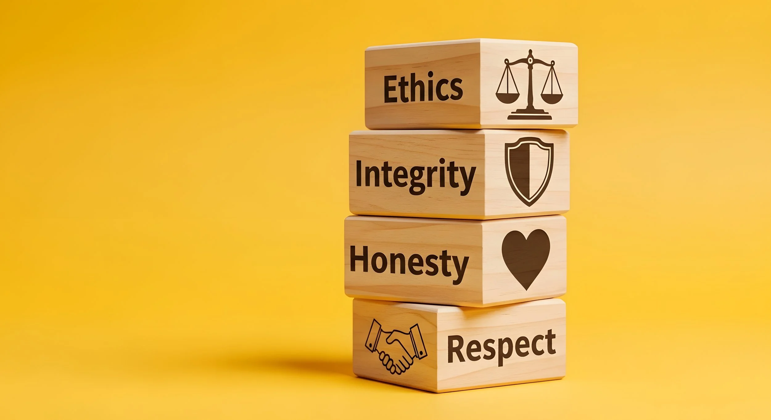 Stacked wooden blocks with words and icons including 'Ethics' with scales, 'Integrity' with shield, 'Honesty' with heart, and 'Respect' with handshake, against a yellow background.