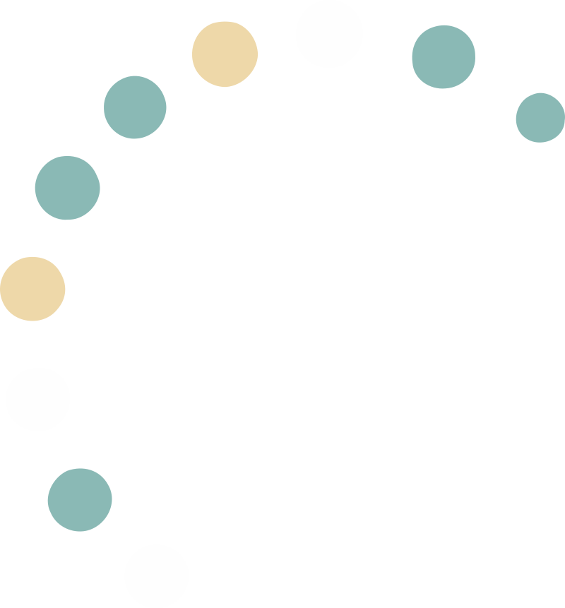 Colorful confetti or circular decorations arranged in an arc around the letter 'G'.