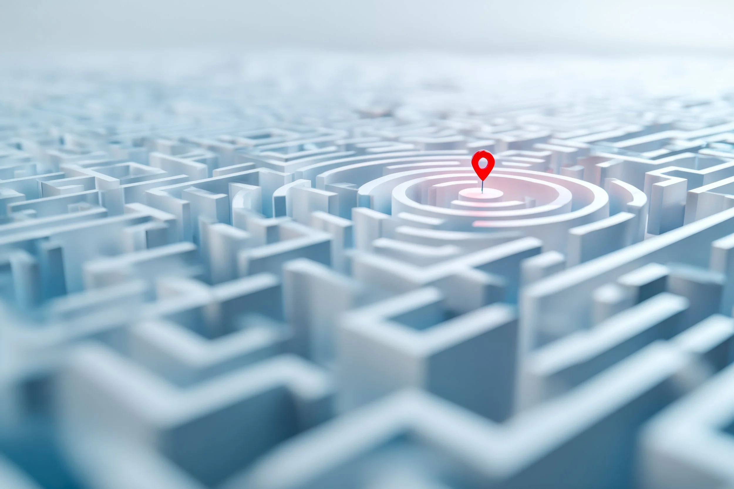 A 3D maze with white walls and a red location pin marker in the center.