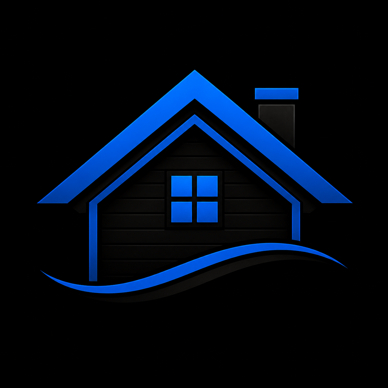 Neon blue and black house icon with a chimney and a window, set against a black background.