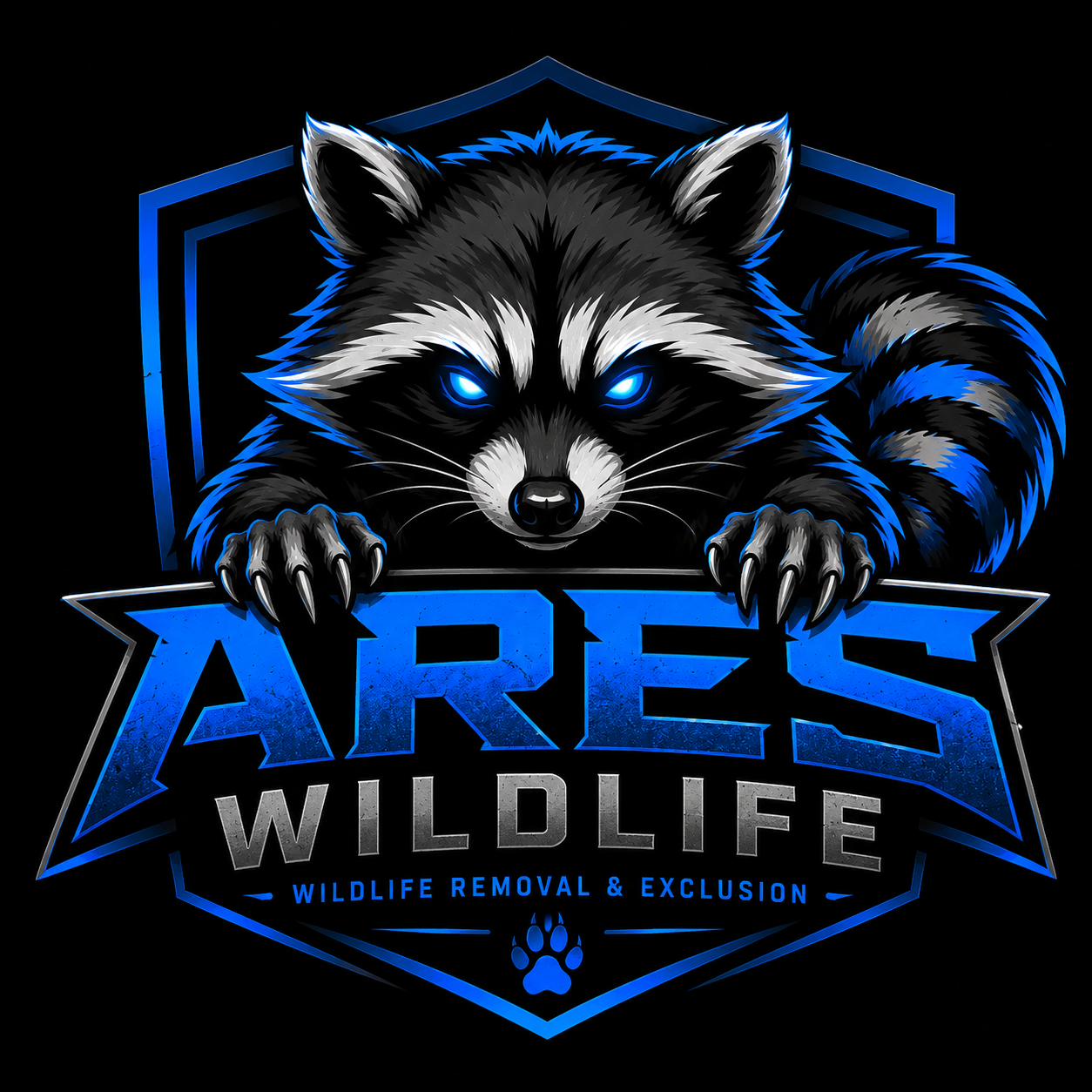 A stylized logo featuring a black and white raccoon with glowing blue eyes, paws on the text "ARES WILDLIFE," and the words "WILDLIFE REMOVAL & EXCLUSION" with a paw print underneath, against a black background.