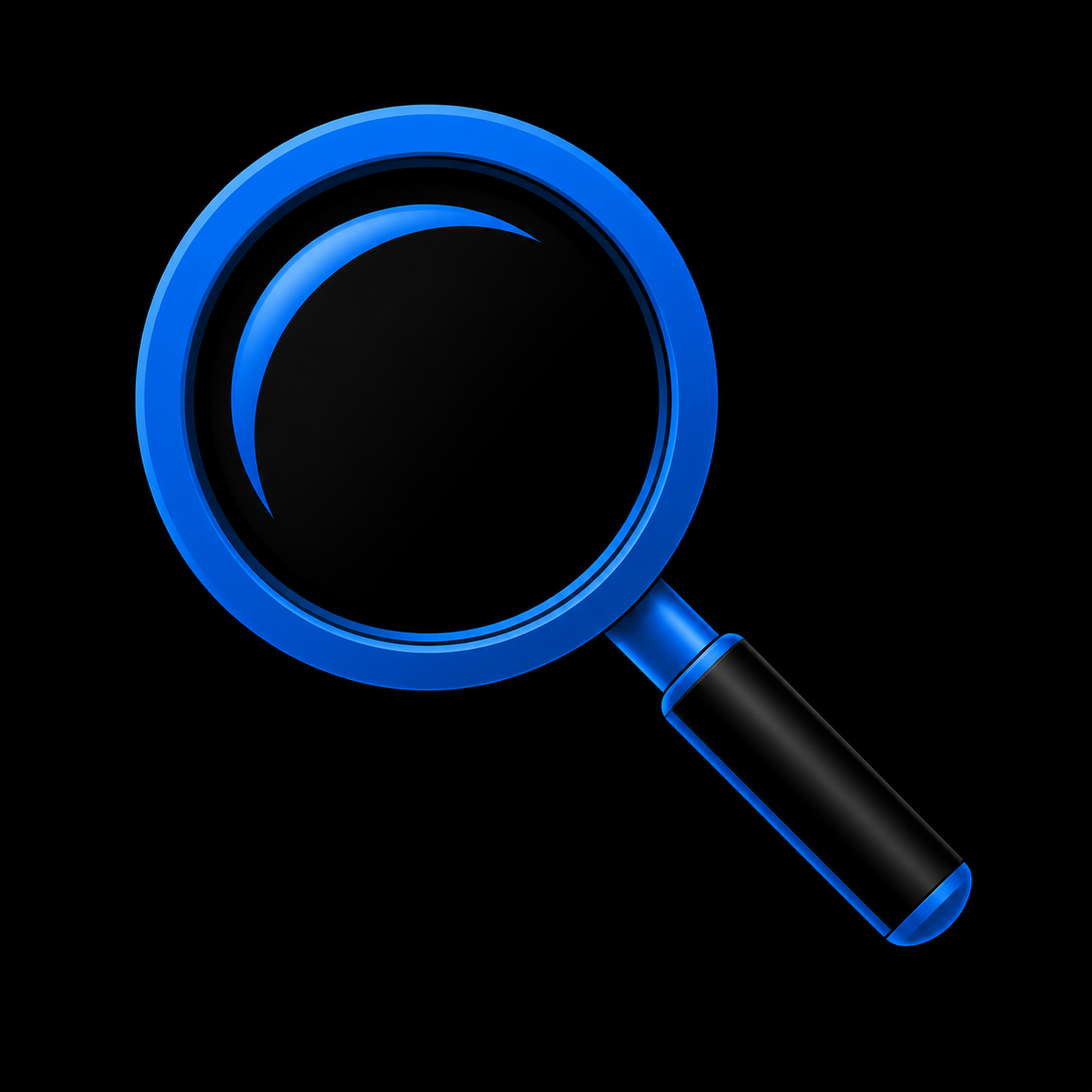 A digital illustration of a blue magnifying glass with a black handle on a black background.