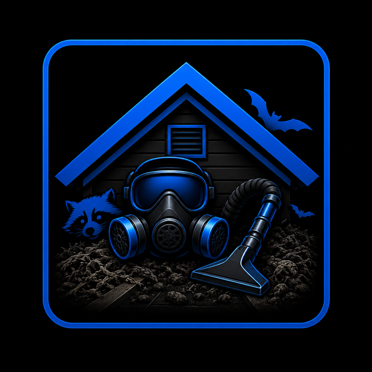 Neon-style illustration of a house with a dust mask, vacuum cleaner, raccoon face, and bats, suggesting home cleaning or mold removal with a spooky theme.