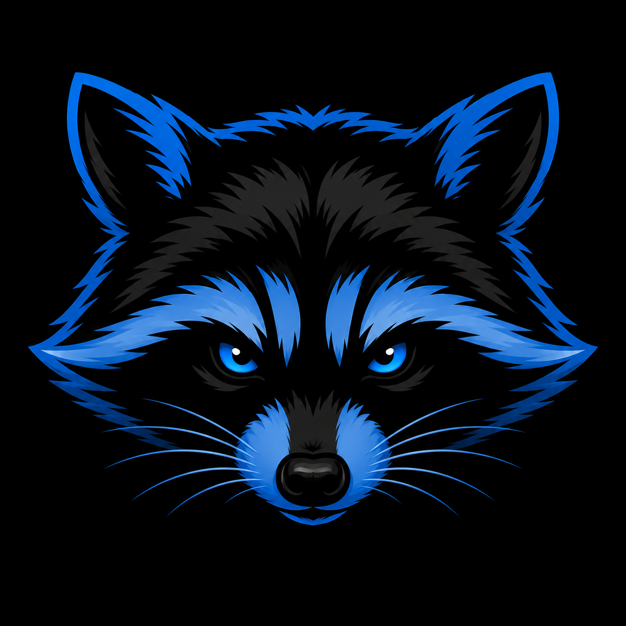 Digital illustration of a wolf's face with blue and black fur, intense blue eyes, and a black background.