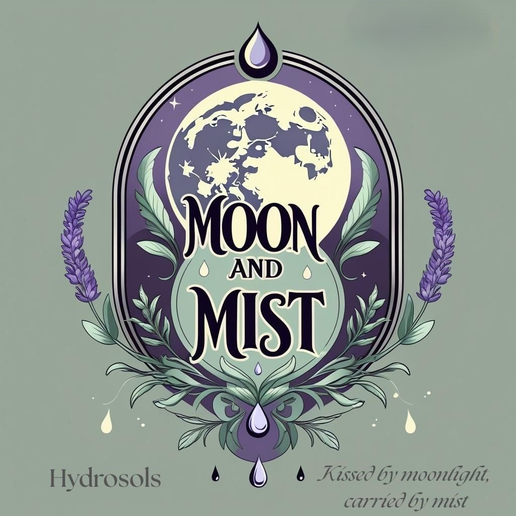 Artistic label design featuring a large moon with a stylized face surrounded by purple lavender flowers and green leaves, with the words 'Moon and Mist' in bold black font and additional text reading 'Hydrosols - Kissed by moonlight, carried by mist' at the bottom.