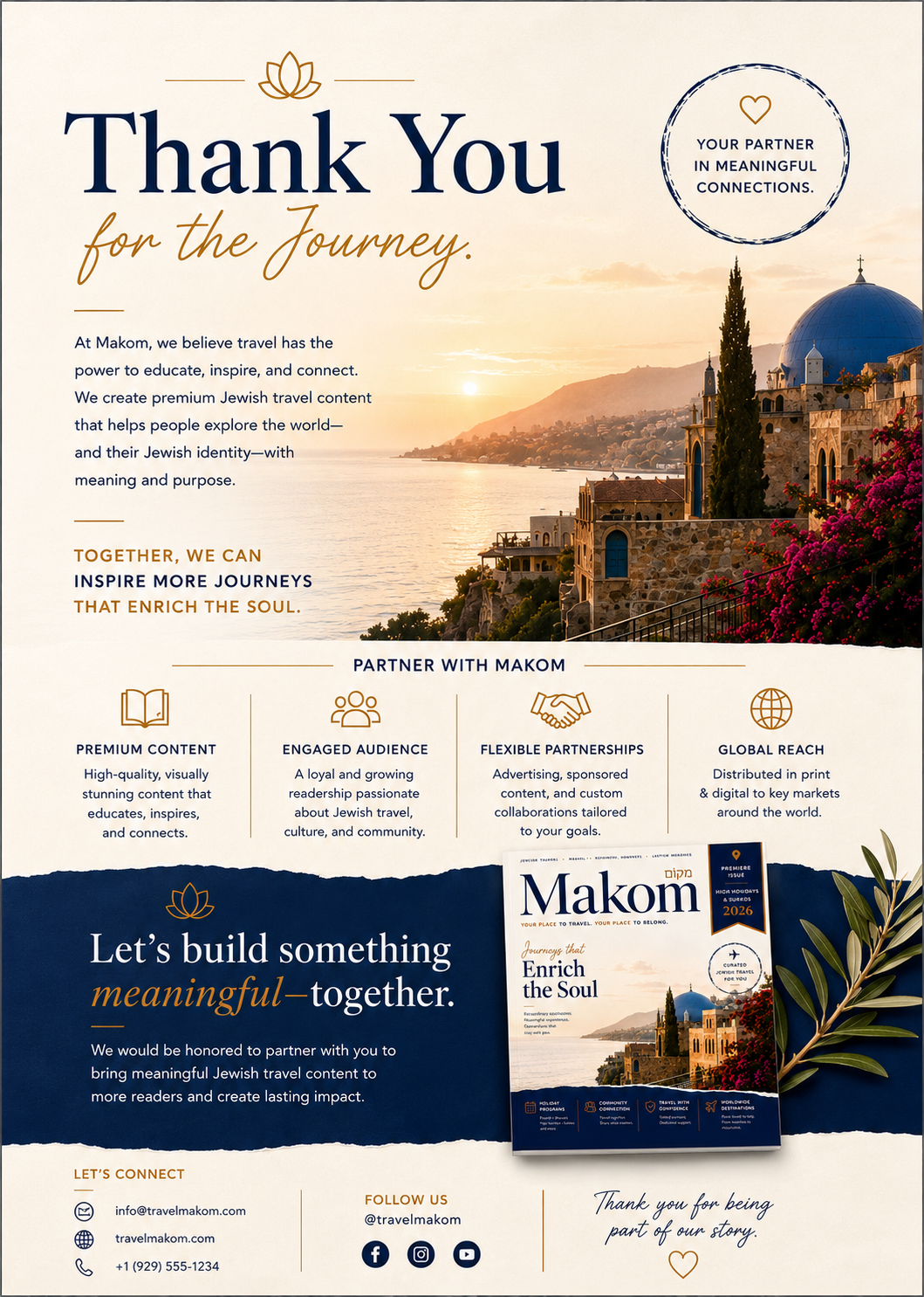 A flyer expressing gratitude and partnership for Jewish travel content, featuring a scenic coastal view with buildings and a blue-domed church at sunset, and information about the publication's mission, content, audience, and contact details.