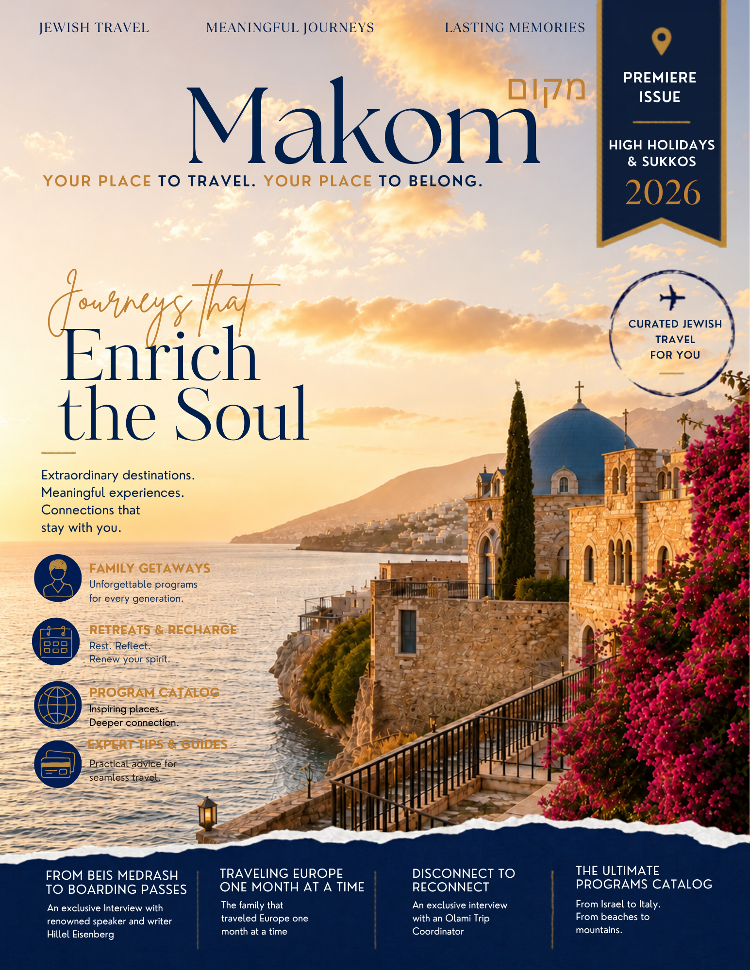 A travel brochure for Makom with a scenic view of a seaside town at sunset, featuring a church with a dome and a bell tower, lush pink bougainvillea, trees, and a calm body of water with mountain background. The brochure highlights Jewish travel, meaningful journeys, and lasting memories, with labels for premiere issue, high holidays, and Sukkot 2026. It includes sections on family getaways, retreats, programs, and travel tips.