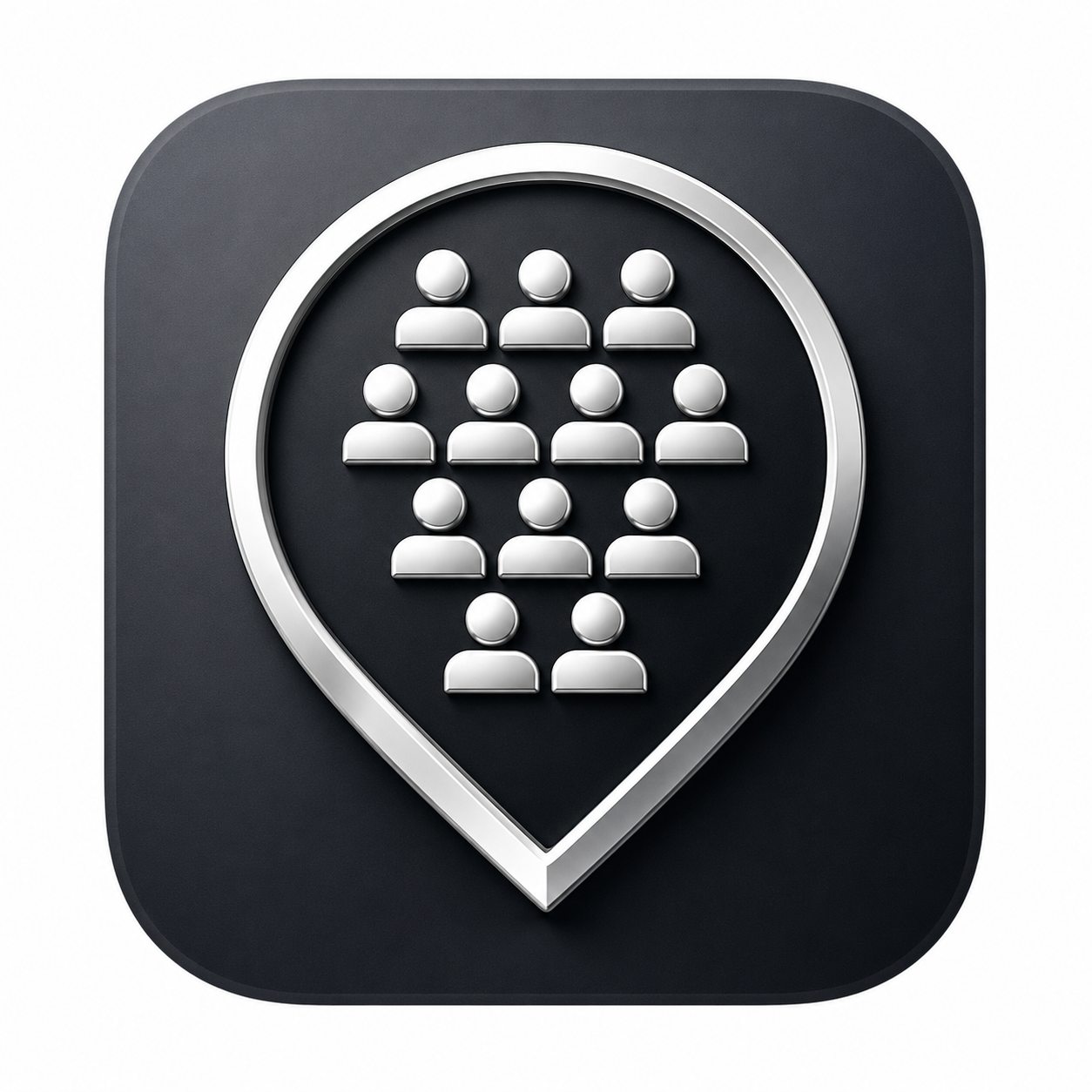 Icon of a group of people inside a map marker symbol.