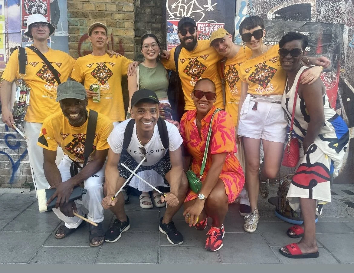Members of Dendê Nation samba reggae drum group at Brixton Atlantic Road street party