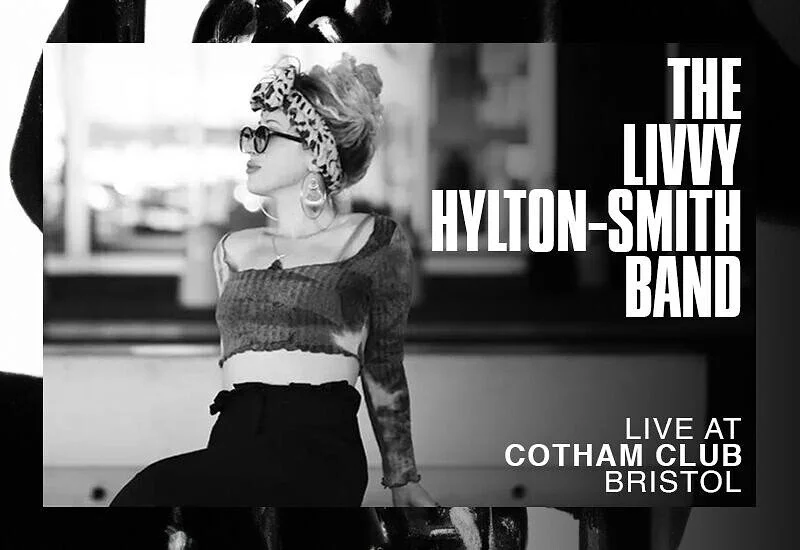 Black and white promotional poster featuring a woman with vintage style glasses, a headscarf, and a crop top, promoting a live band performance at Cotham Club in Bristol.