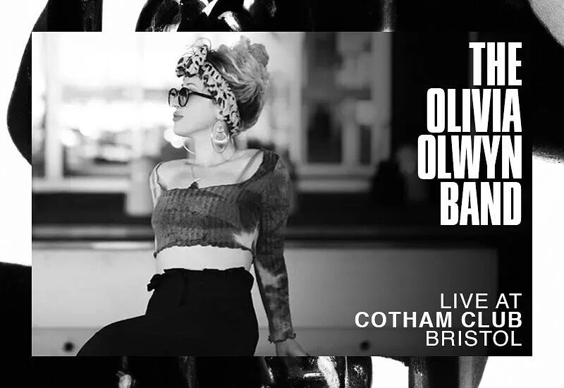 Black and white promotional poster featuring a woman with vintage style glasses, a headscarf, and a crop top, promoting a live band performance at Cotham Club in Bristol.