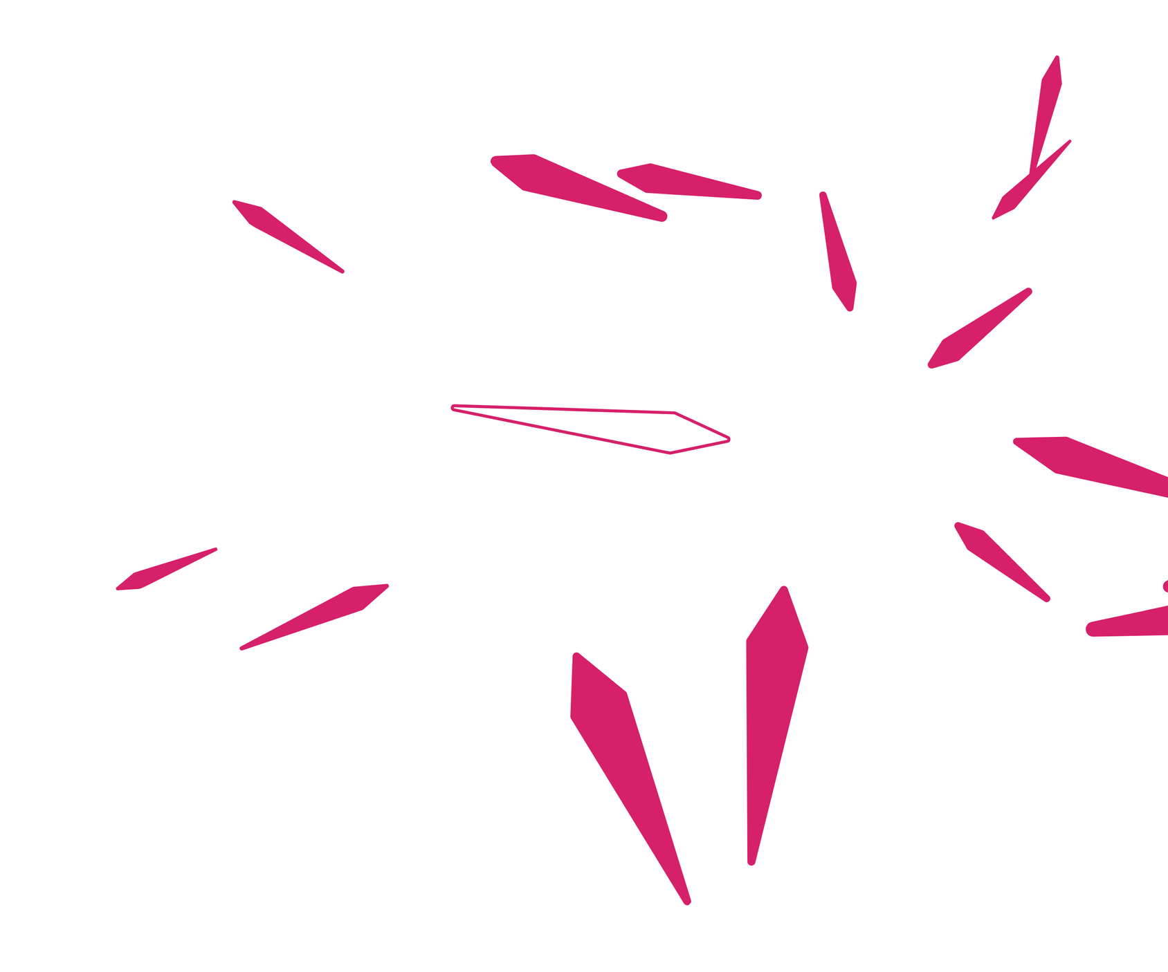 Abstract digital illustration of shattered glass with pink fragments radiating outward against a white background.