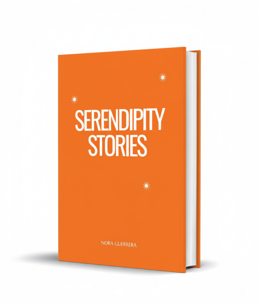 A book titled 'Serendipity Stories' by Nora Guerrera with an orange cover and white text, featuring small white star illustrations.