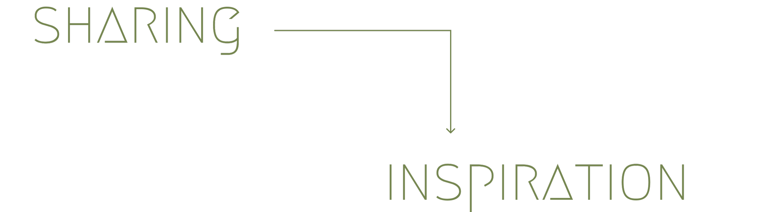 A black background with green text that says 'Sharing' on the top left and 'Inspiration' on the bottom right, connected by a green arrow.