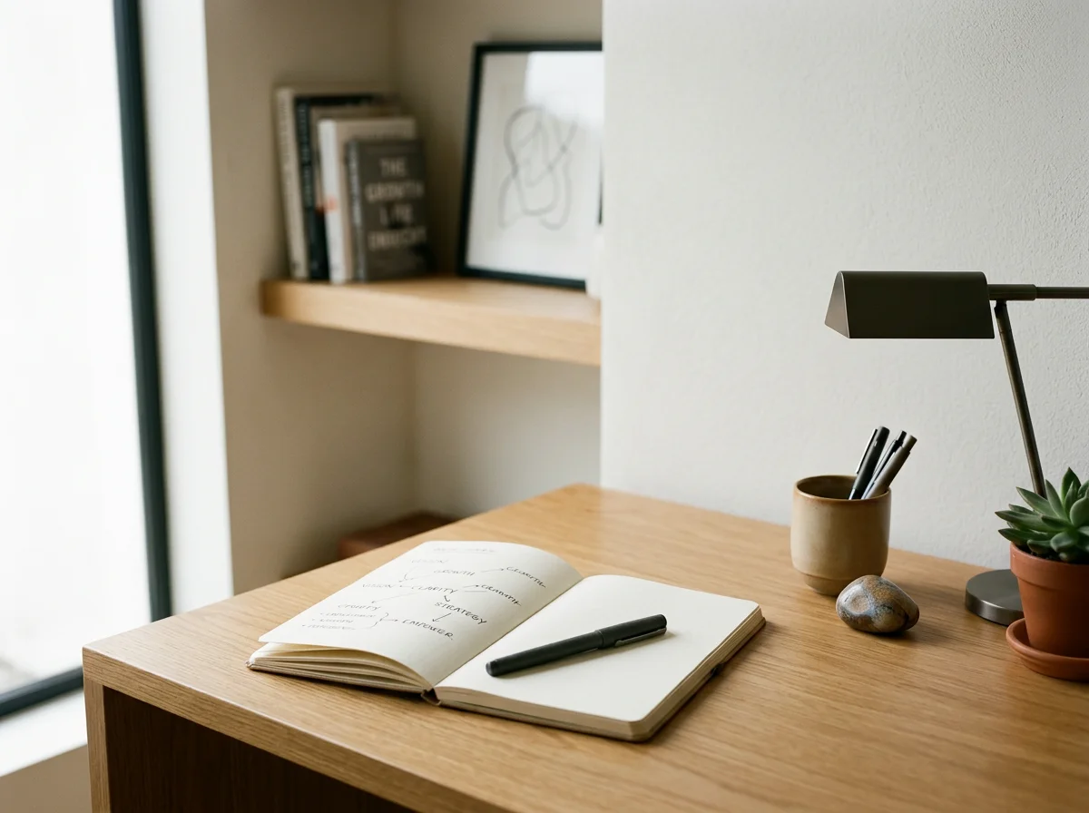 A wooden desk with an open notebook, black pen, small potted plant, stone, and a cup with pens. In the background, a wooden shelf with books and a framed line drawing.